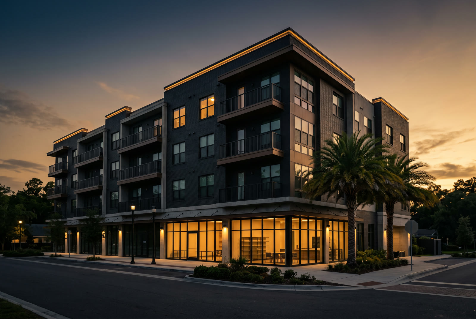 A mixed-use commercial building with storefronts and apartments at dusk, illustrative