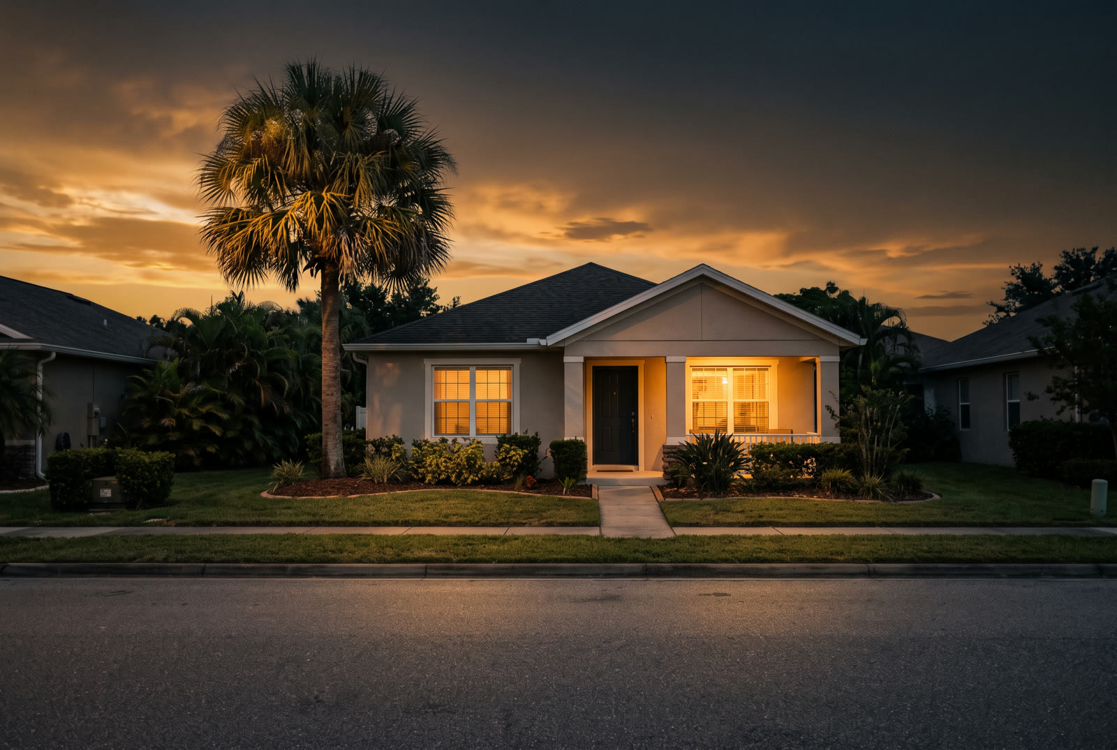 A single-family rental home at dusk, illustrative